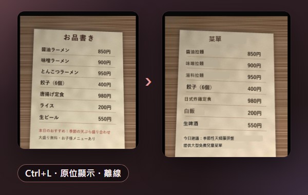 日文菜單在原位翻譯(合成測試圖)